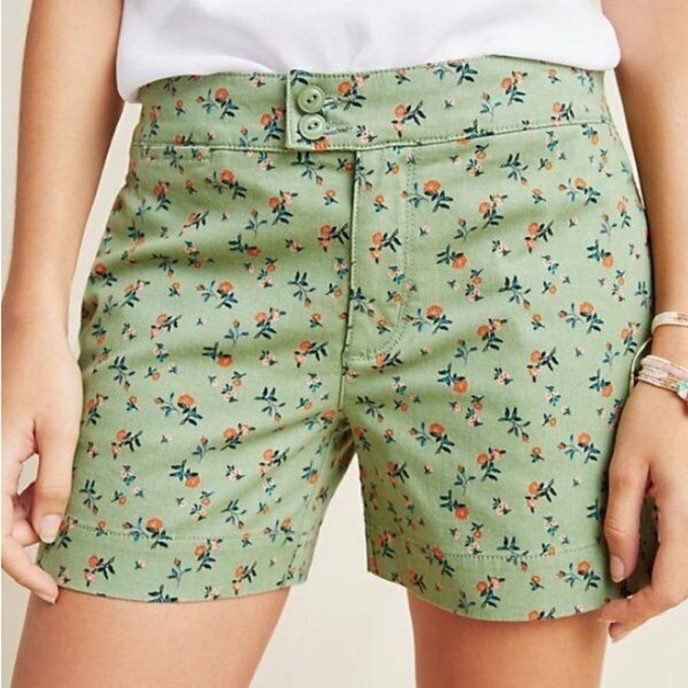 Anthropologie Green Floral Cotton Shorts